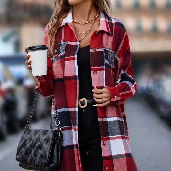 Red Trendy Womens Plaid Print Drop Shoulder Flap Pocket Overcoat - Picture 4 of 5